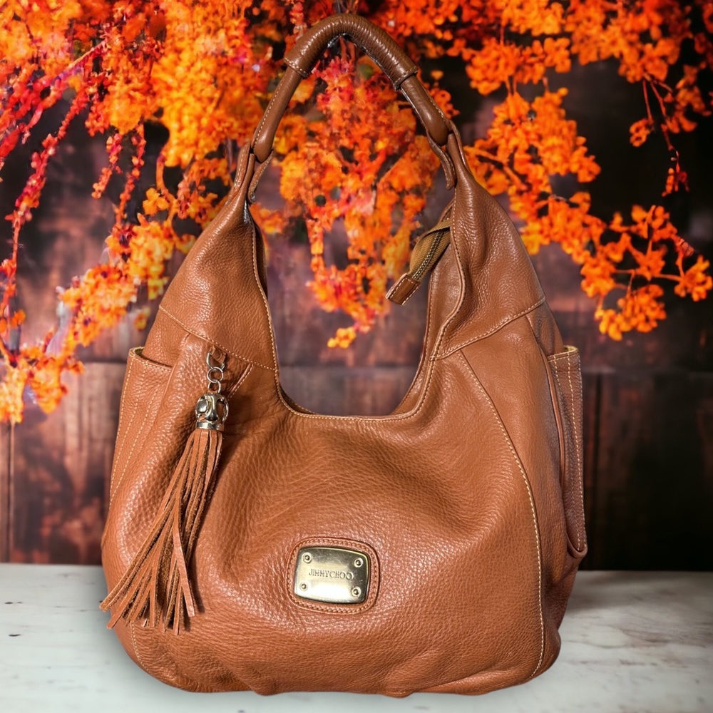 Jimmy Choo leather shoulder Large hobo bag tan brass trim/plate *AUTHENTIC 0119h